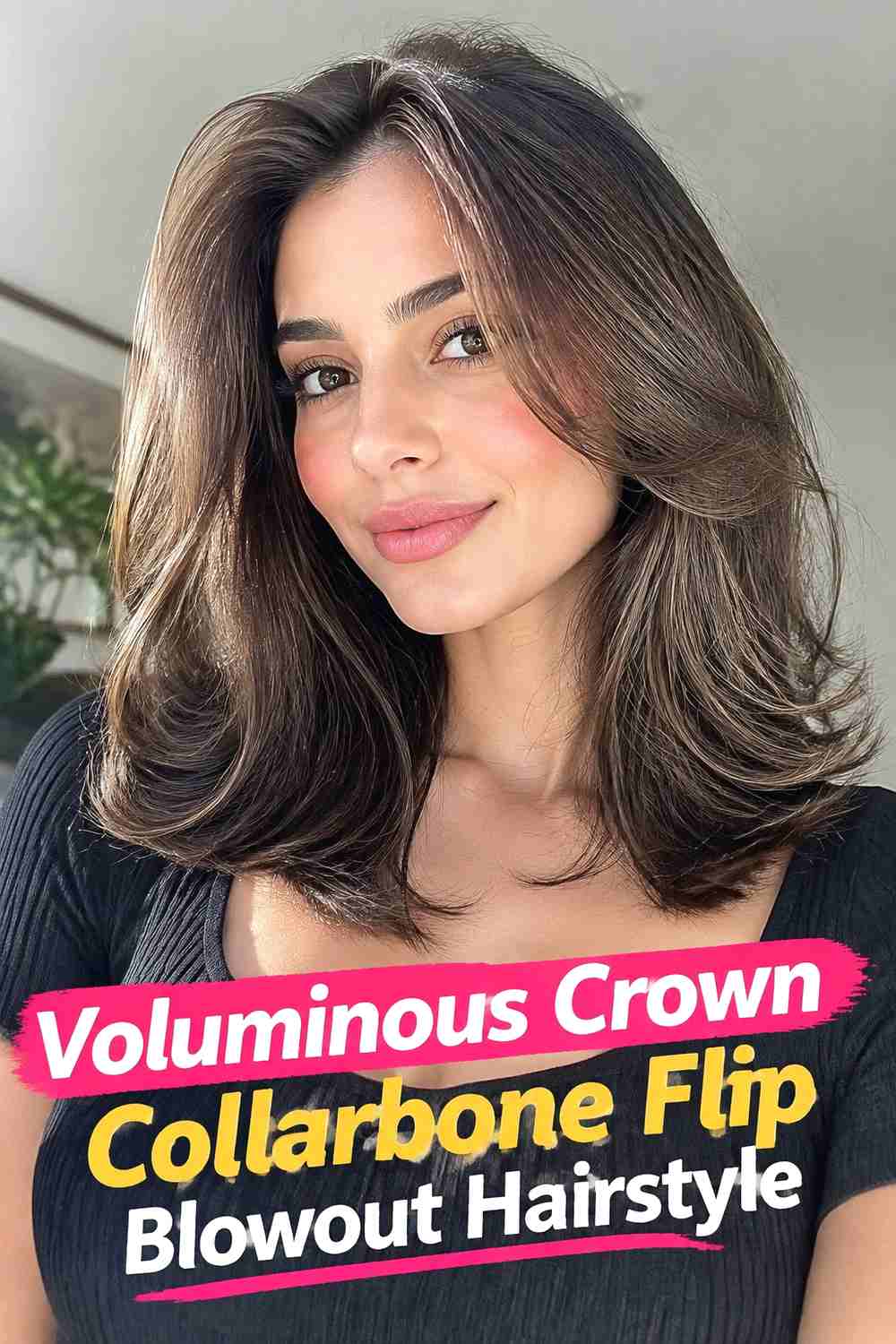 11. Voluminous Crown Collarbone Flip Blowout Hairstyle