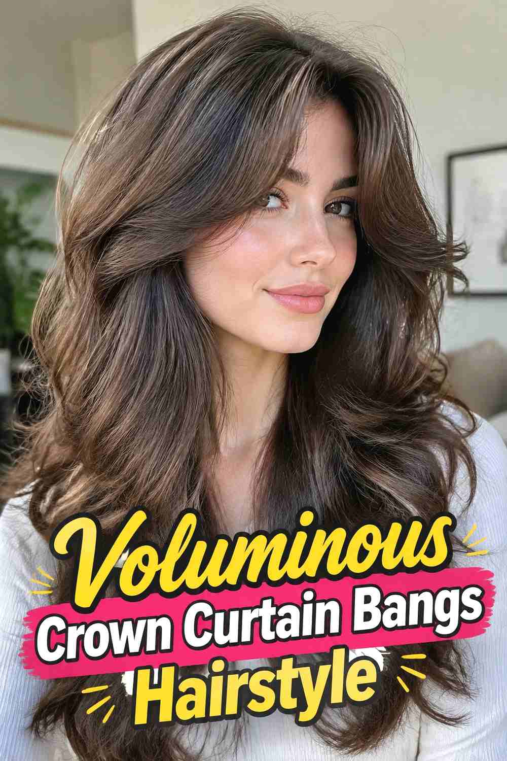 16. Voluminous Crown Curtain Bangs Hairstyle
