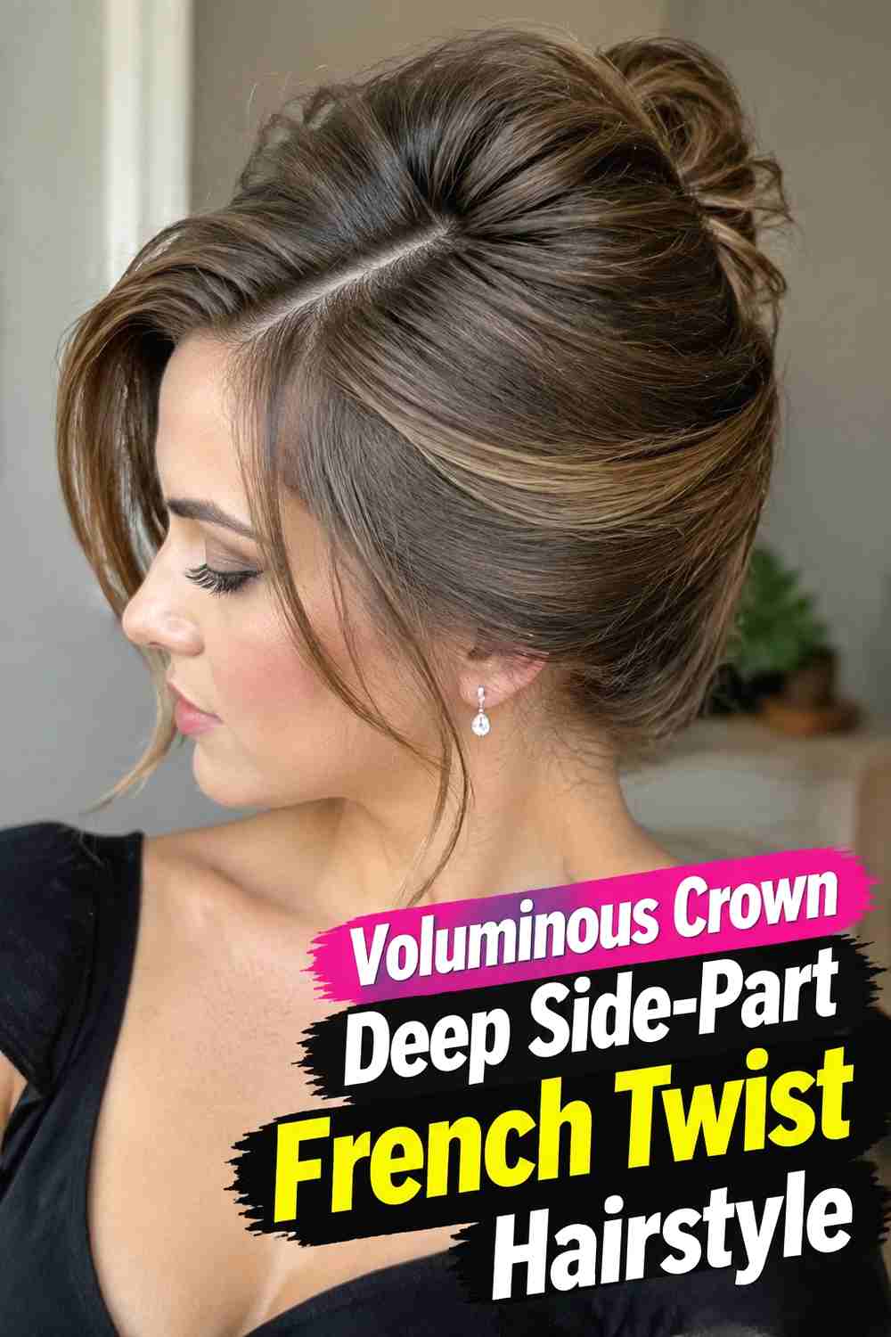 11. Voluminous Crown Deep Side Part French Twist Hairstyle