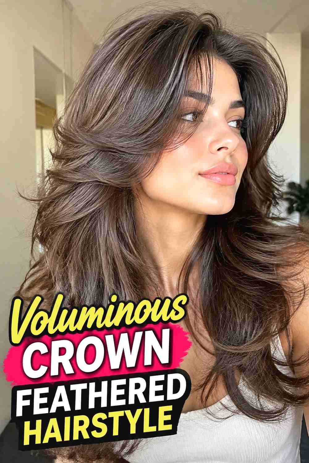 10. Voluminous Crown Feathered Hairstyle