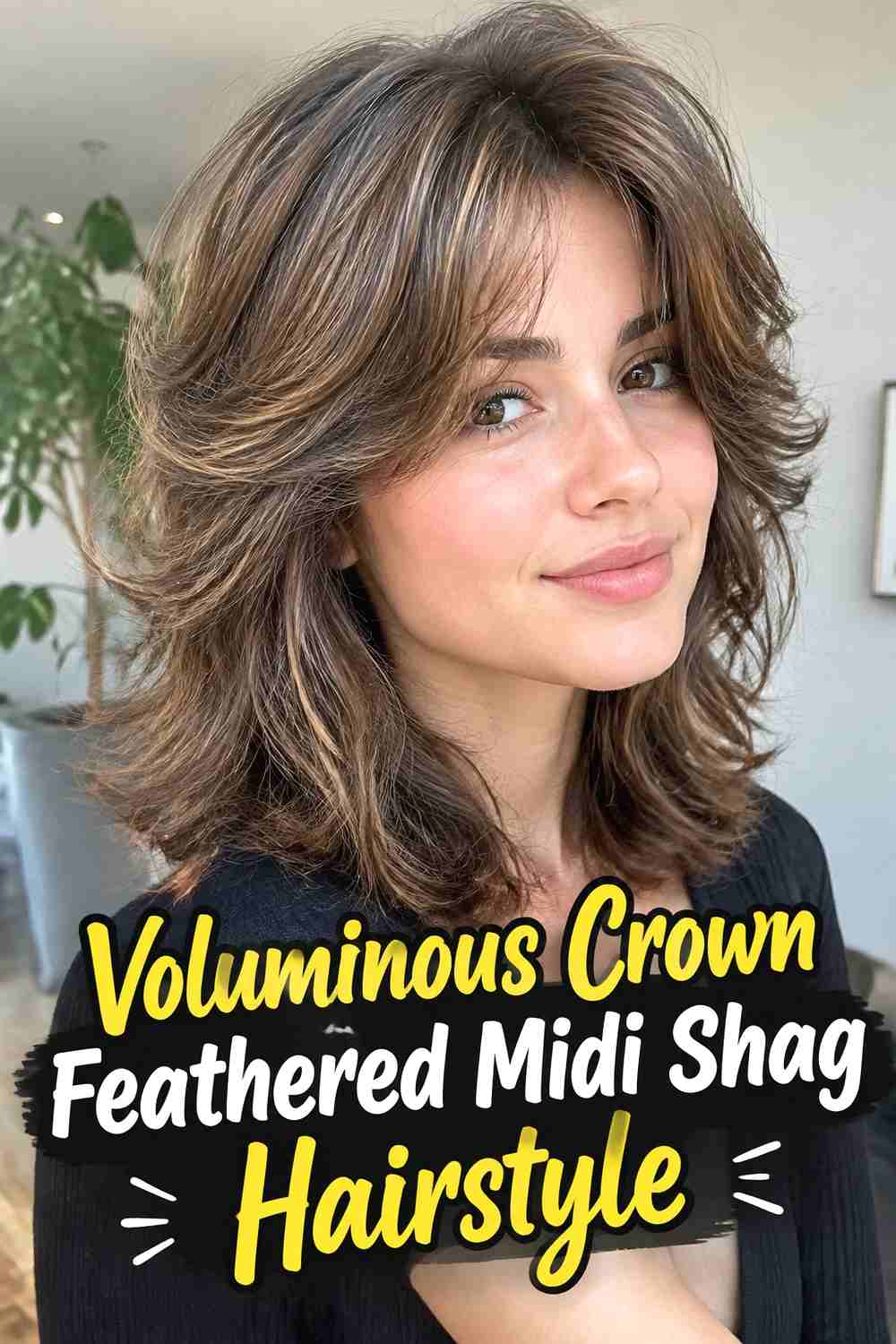 4. Voluminous Crown Feathered Midi Shag Hairstyle