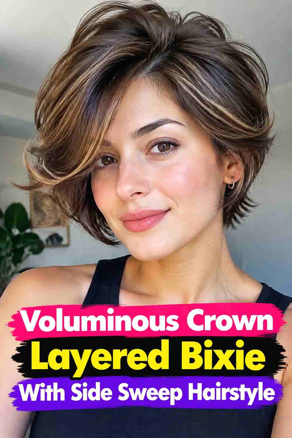 6. Voluminous Crown Layered Bixie With Side Sweep Hairstyle