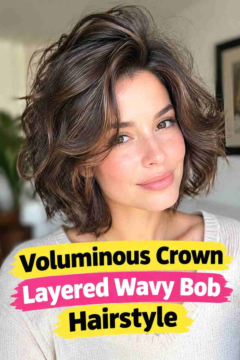 15. Voluminous Crown Layered Wavy Bob Hairstyle