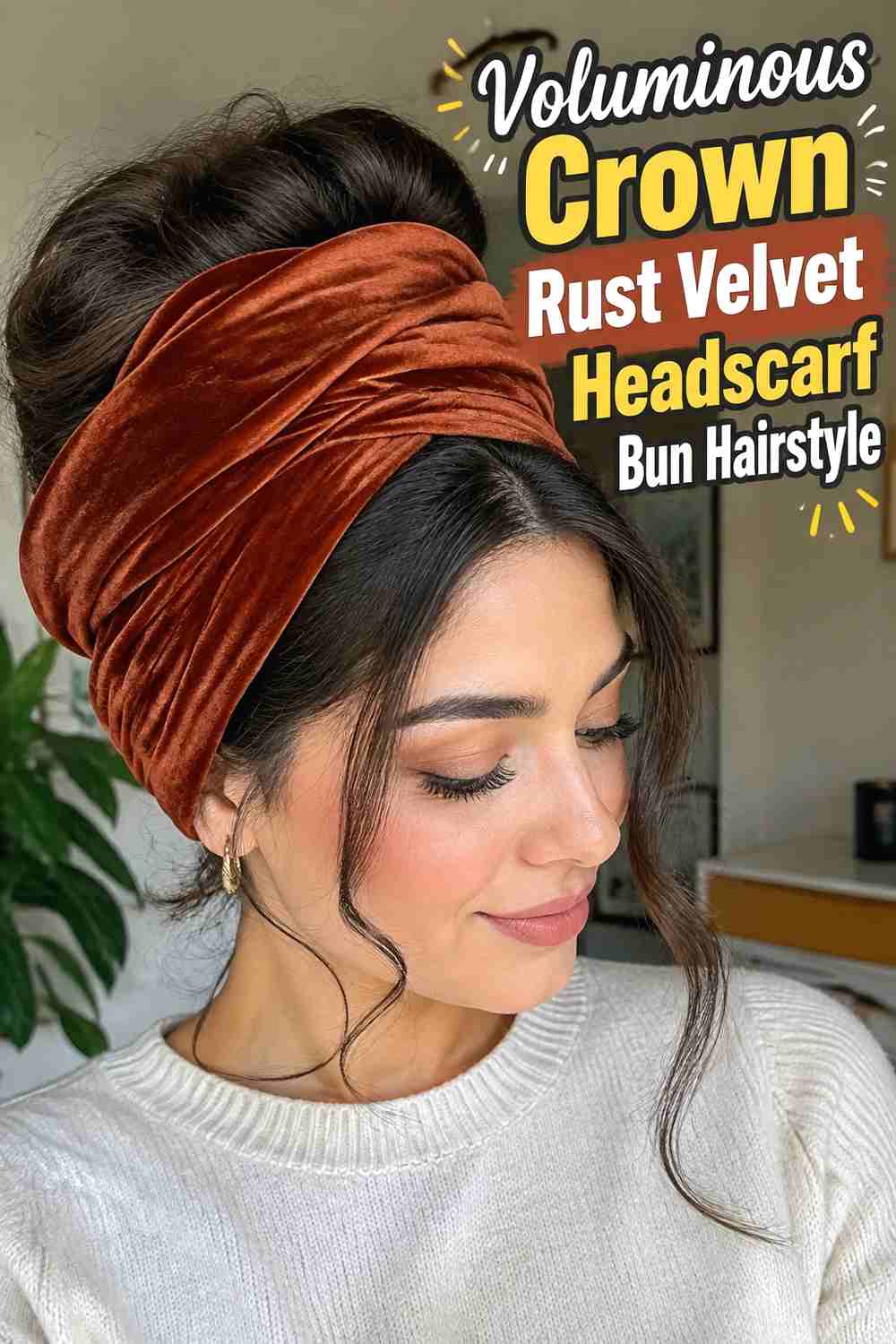 15. Voluminous Crown Rust Velvet Headscarf Bun Hairstyle
