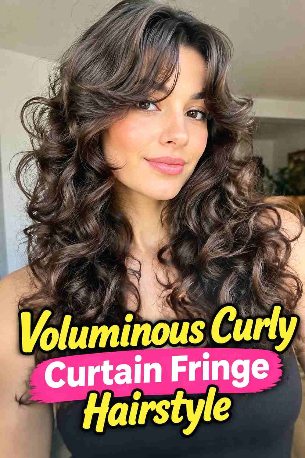6. Voluminous Curly Curtain Fringe Hairstyle