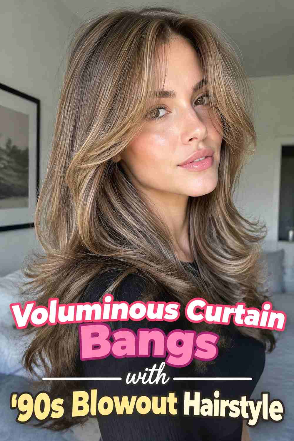3. Voluminous Curtain Bangs With 90s Blowout Hairstyle