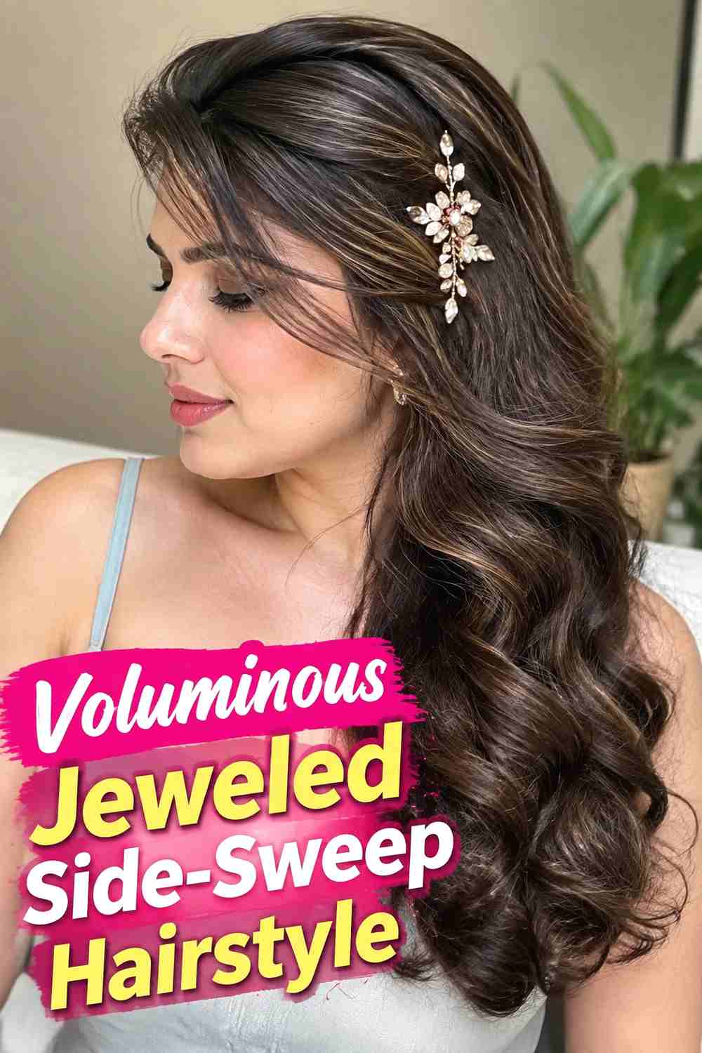 14. Voluminous Jeweled Side Sweep Hairstyle