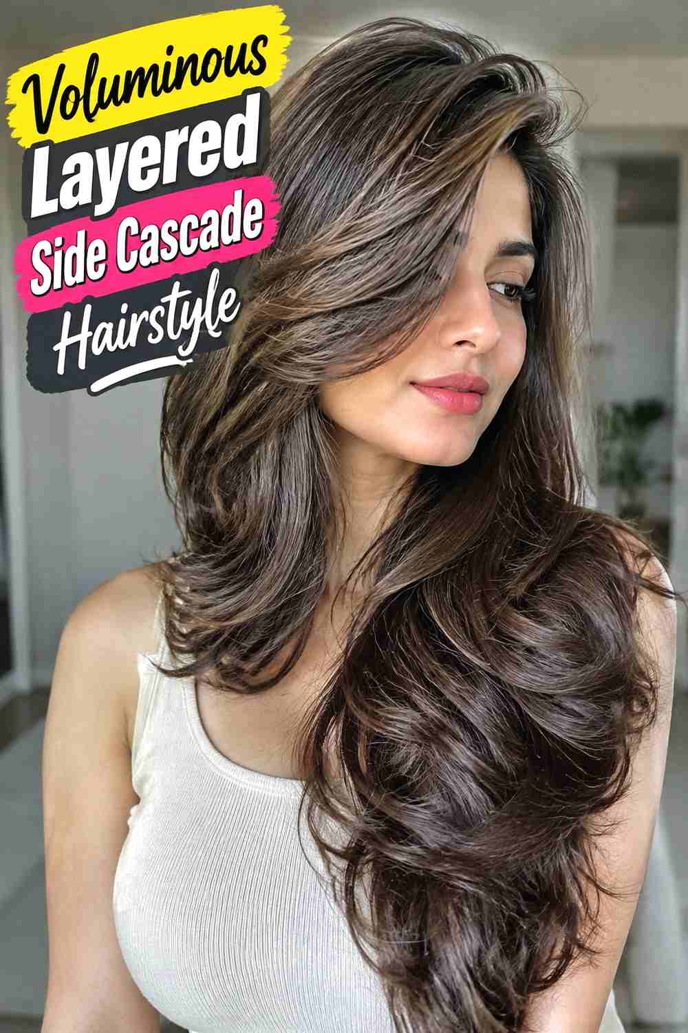 12. Voluminous Layered Side Cascade Hairstyle