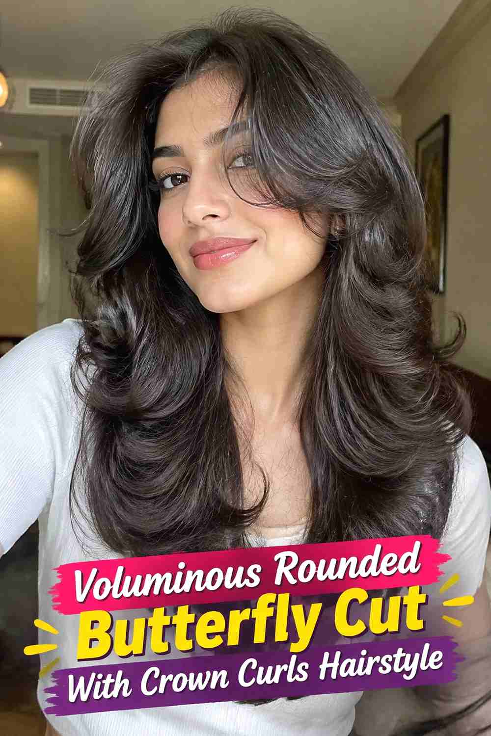 3. Voluminous Rounded Butterfly Cut With Crown Curls Hairstyle