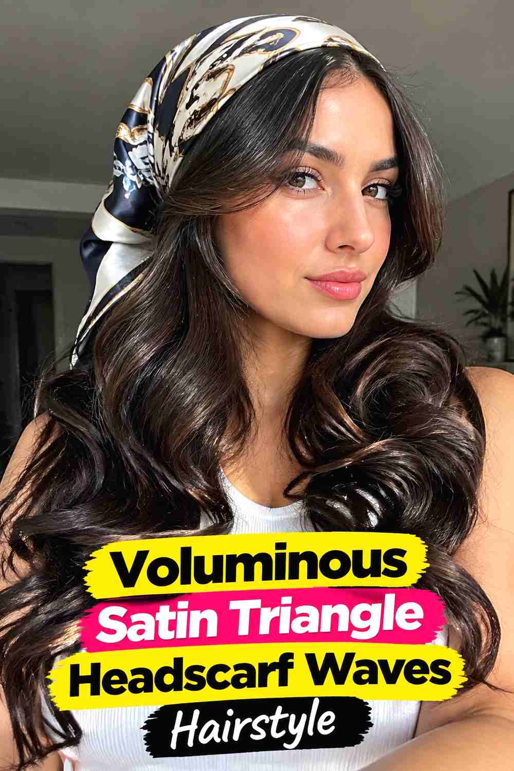 14. Voluminous Satin Triangle Headscarf Waves Hairstyle