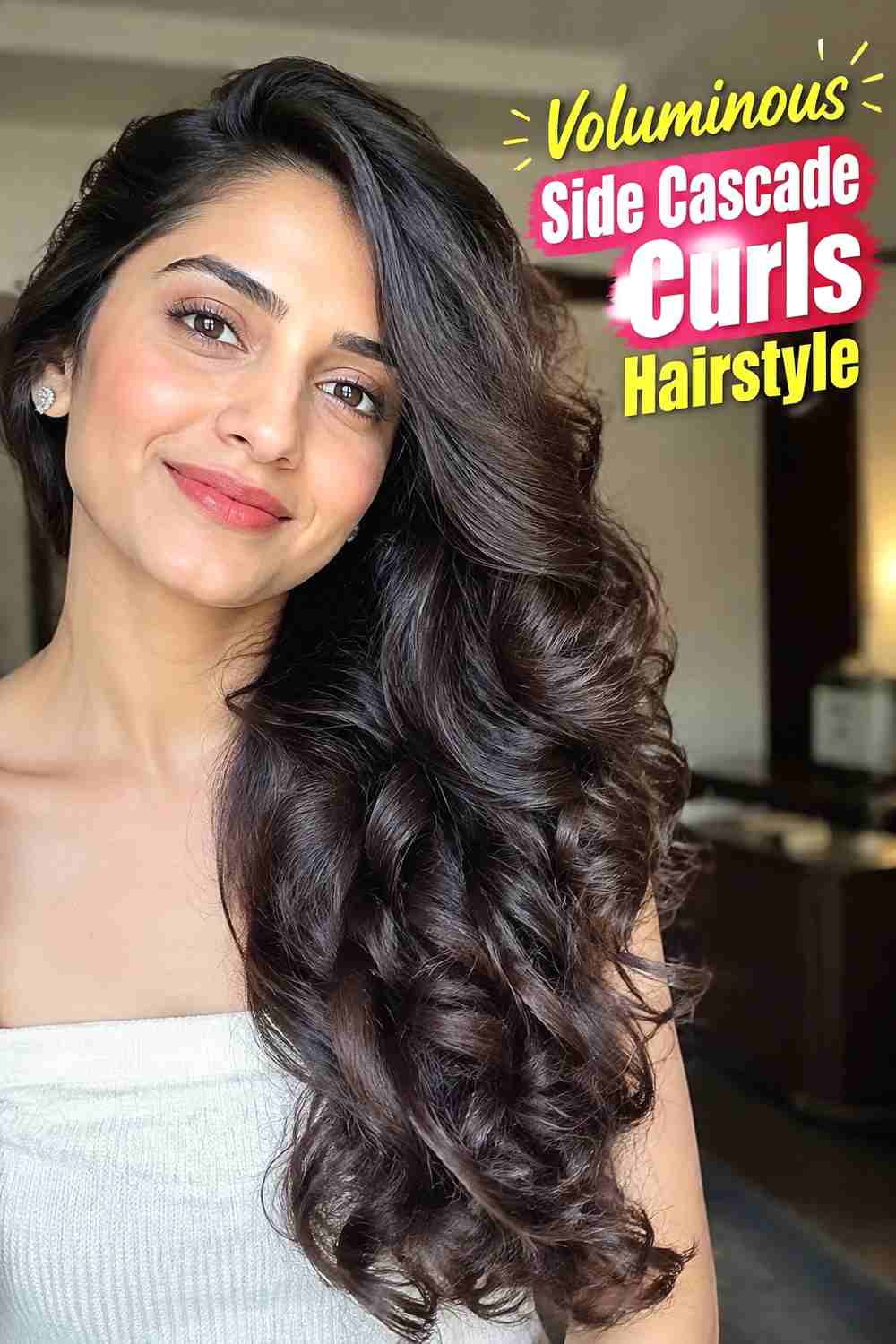 16. Voluminous Side Cascade Curls Hairstyle
