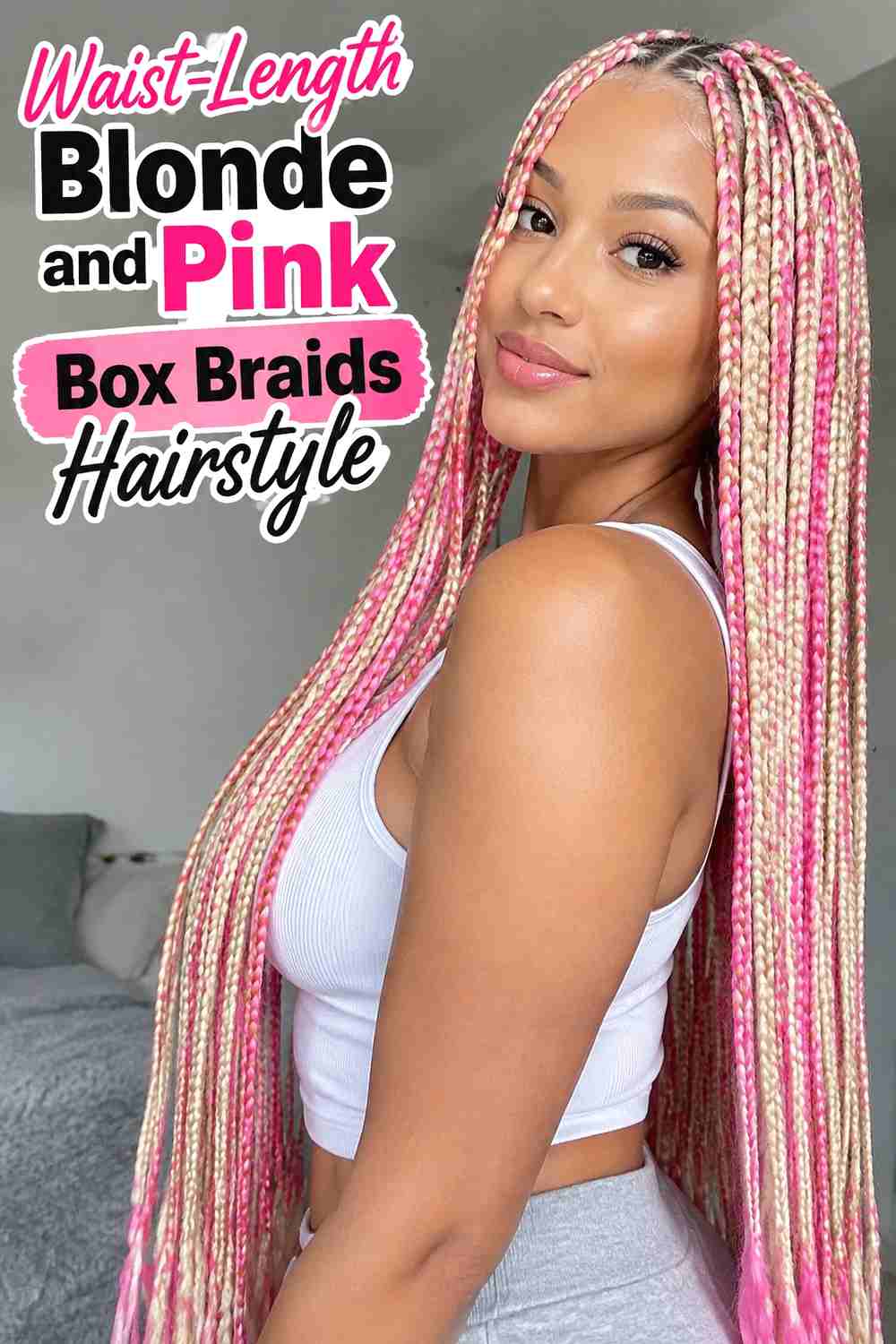 12. Waist Length Blonde And Pink Box Braids Hairstyle