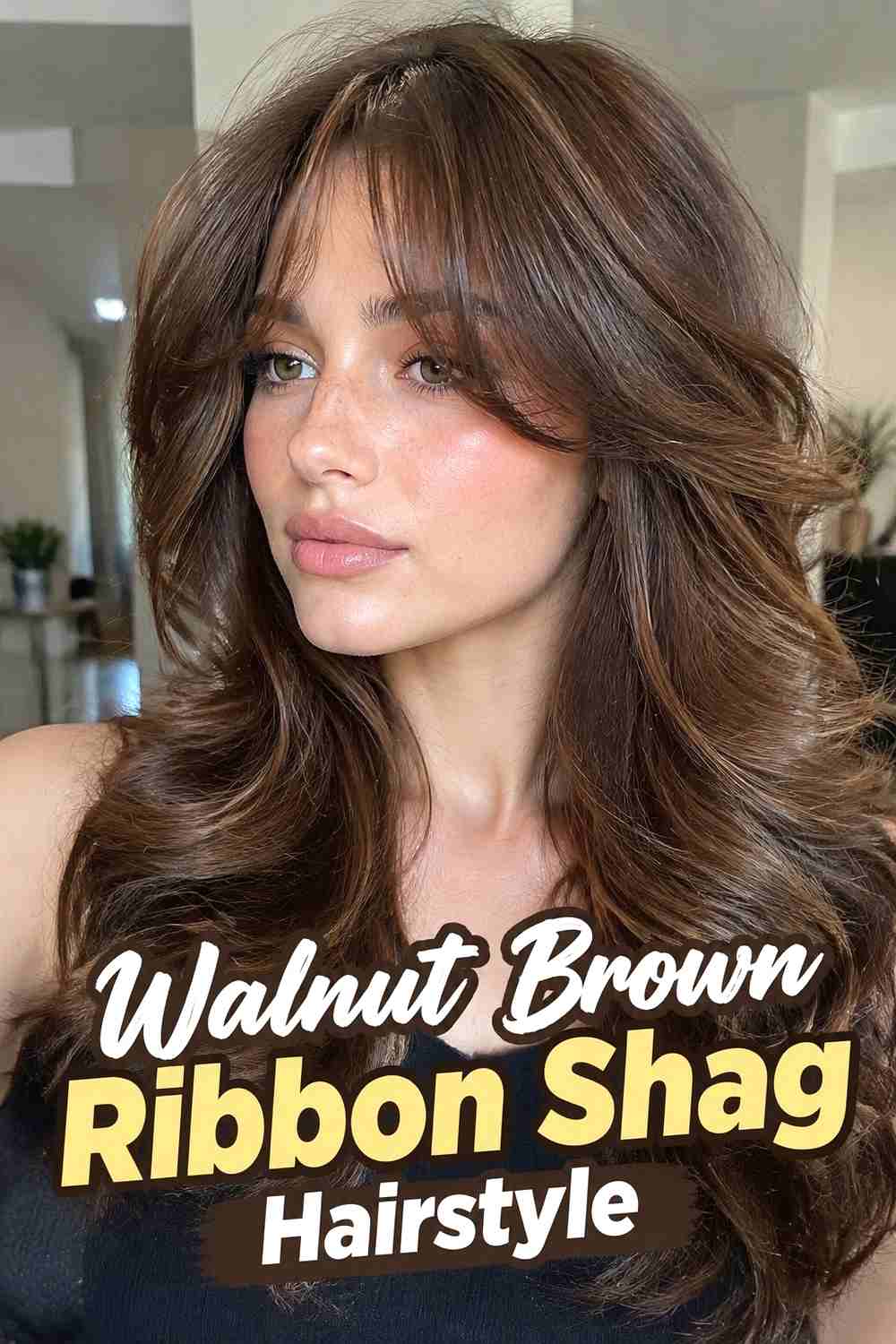11. Walnut Brown Ribbon Shag Hairstyle