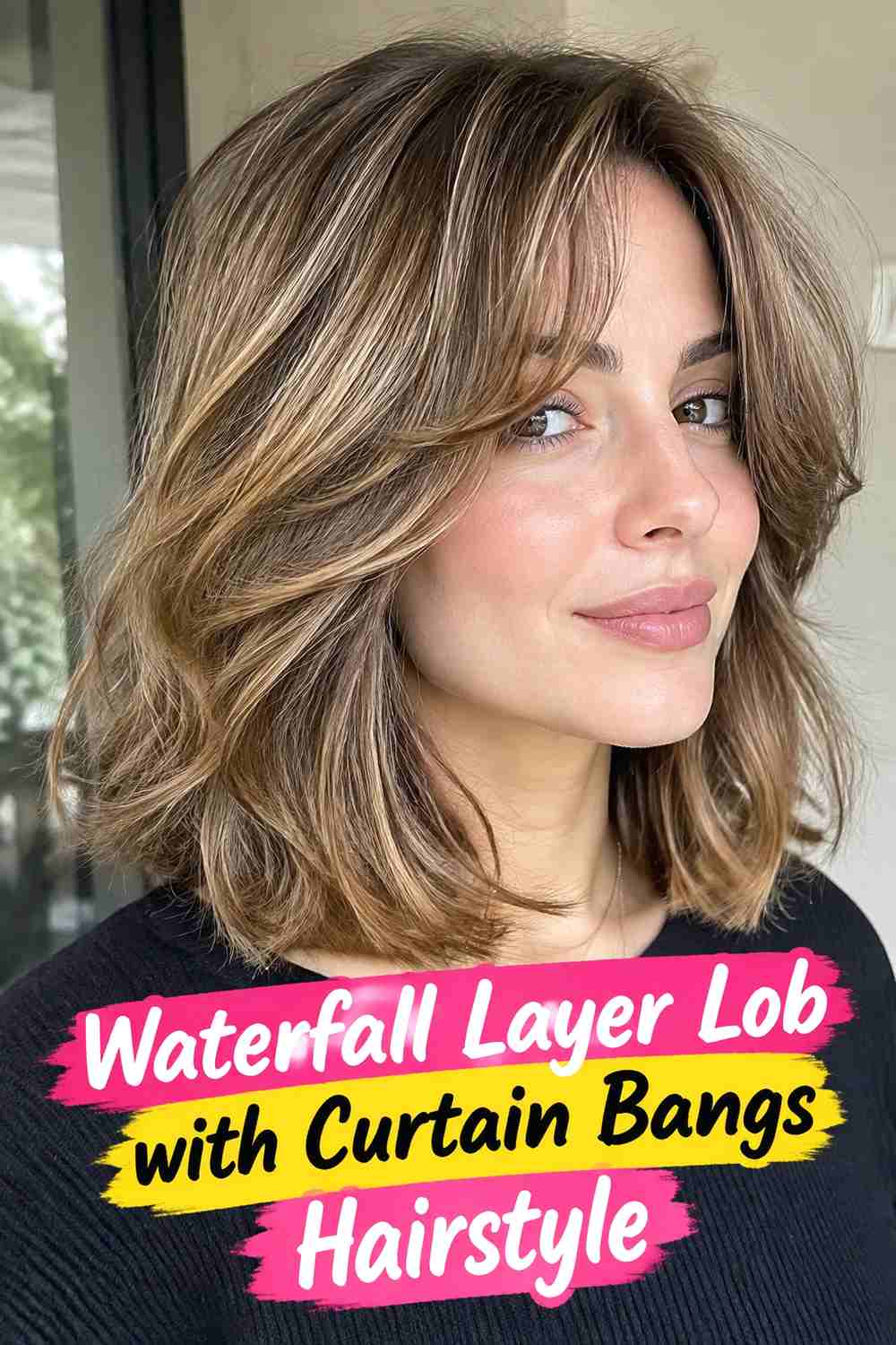6. Waterfall Layer Lob With Curtain Bangs Hairstyle