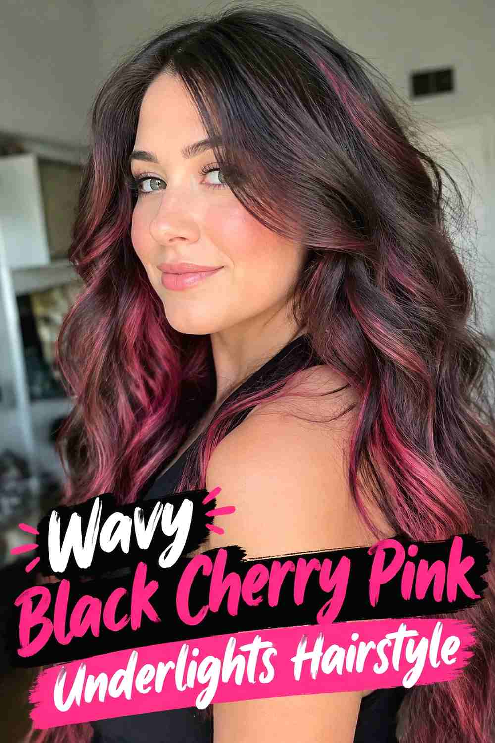 6. Wavy Black Cherry Pink Underlights Hairstyle