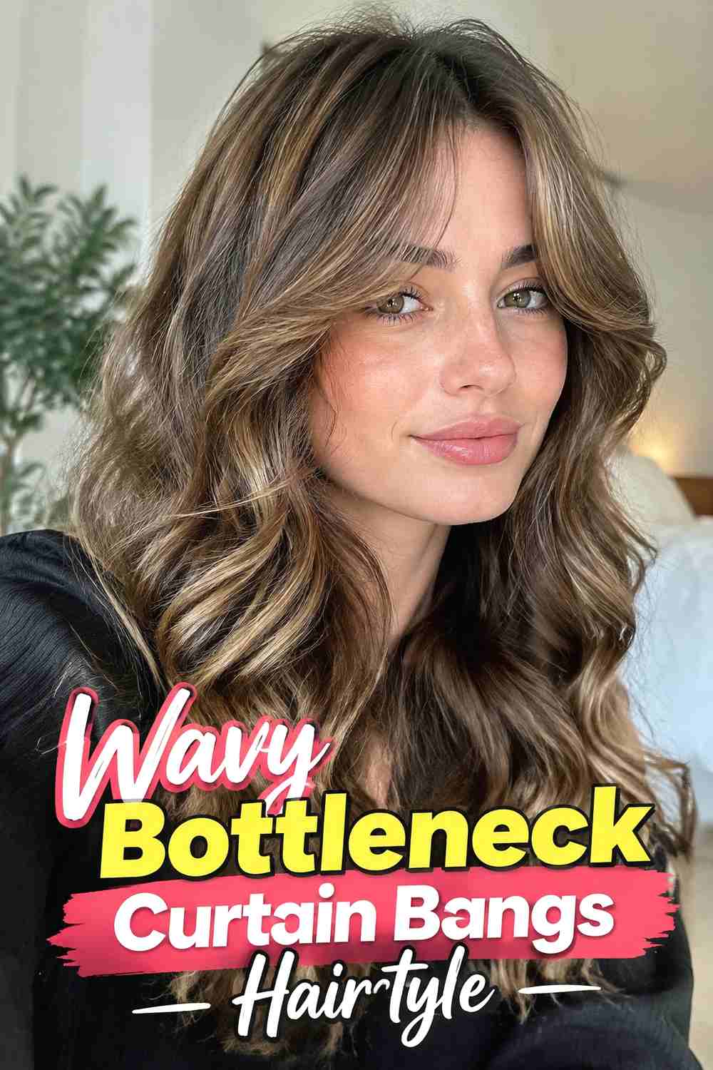 4. Wavy Bottleneck Curtain Bangs Hairstyle