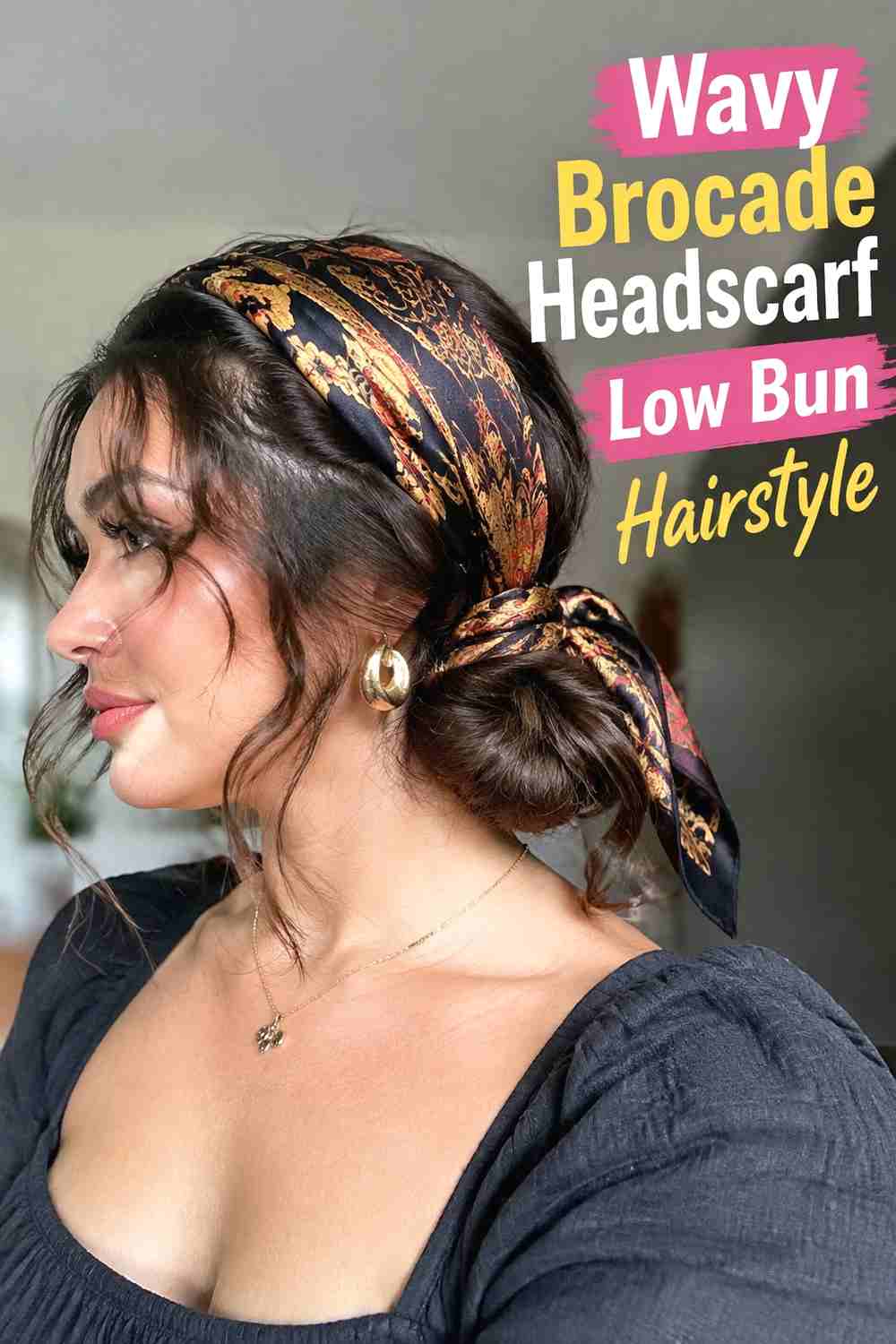 15. Wavy Brocade Headscarf Low Bun Hairstyle