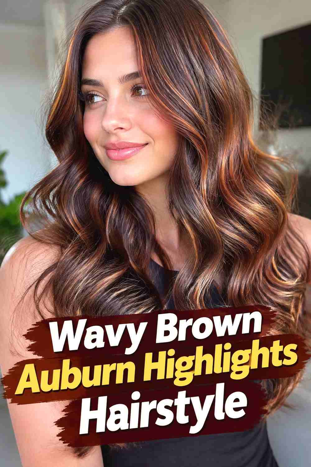 6. Wavy Brown Auburn Highlights Hairstyle
