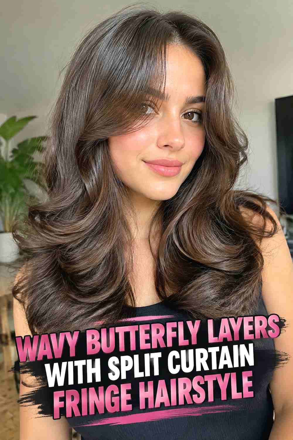 6. Wavy Butterfly Layers With Split Curtain Fringe Hairstyle
