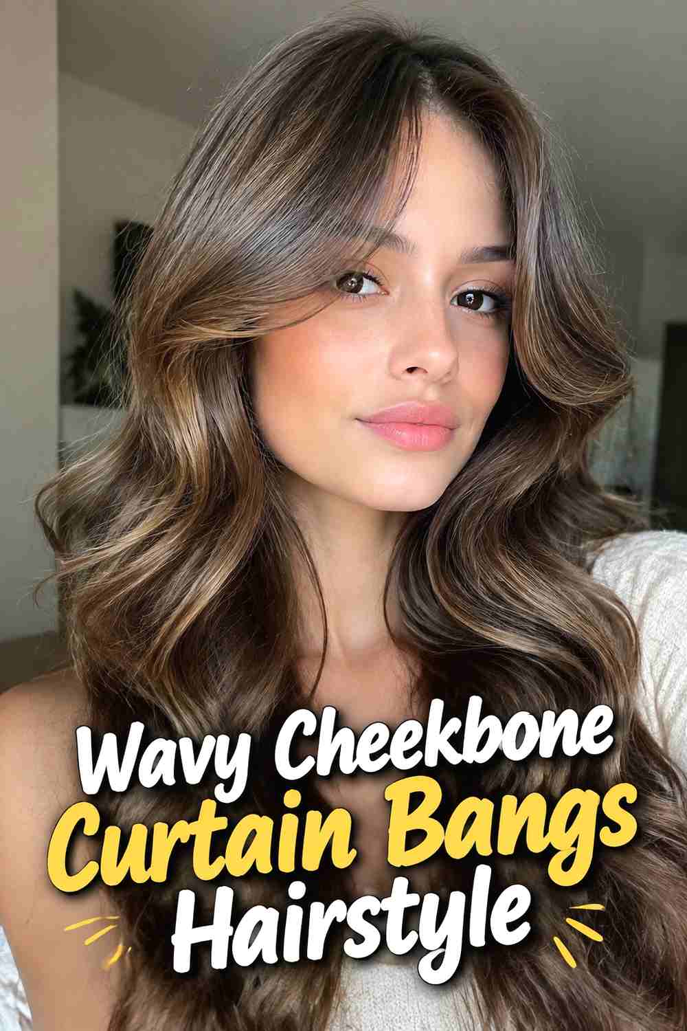 6. Wavy Cheekbone Curtain Bangs Hairstyle