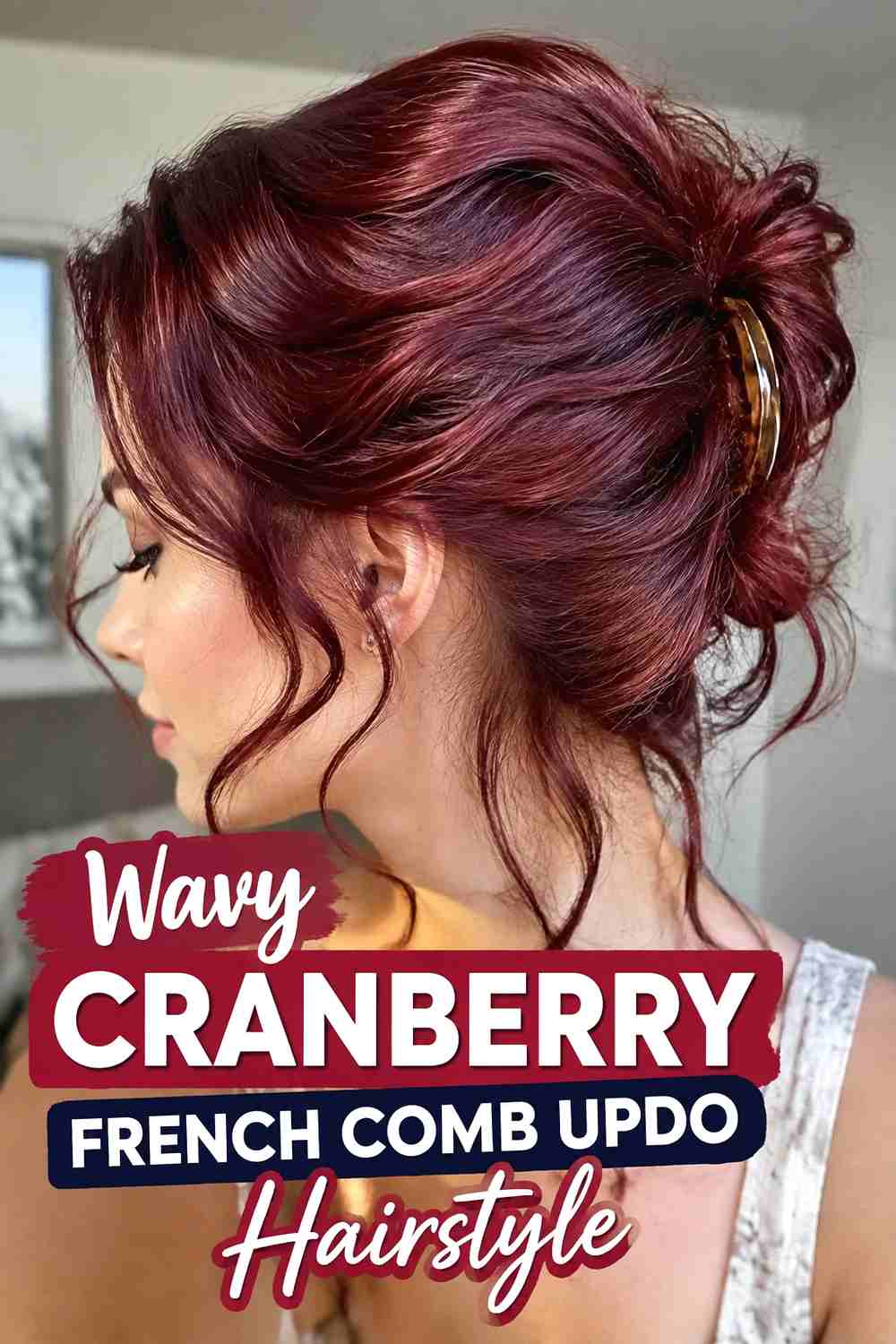 12. Wavy Cranberry French Comb Updo Hairstyle