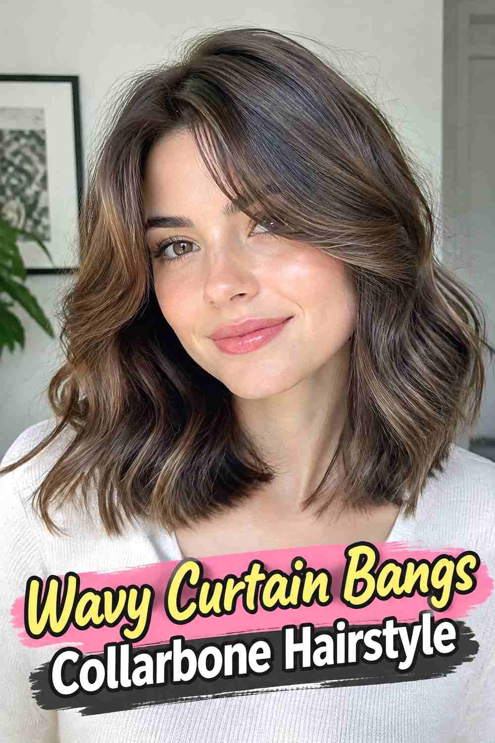 6. Wavy Curtain Bangs Collarbone Hairstyle