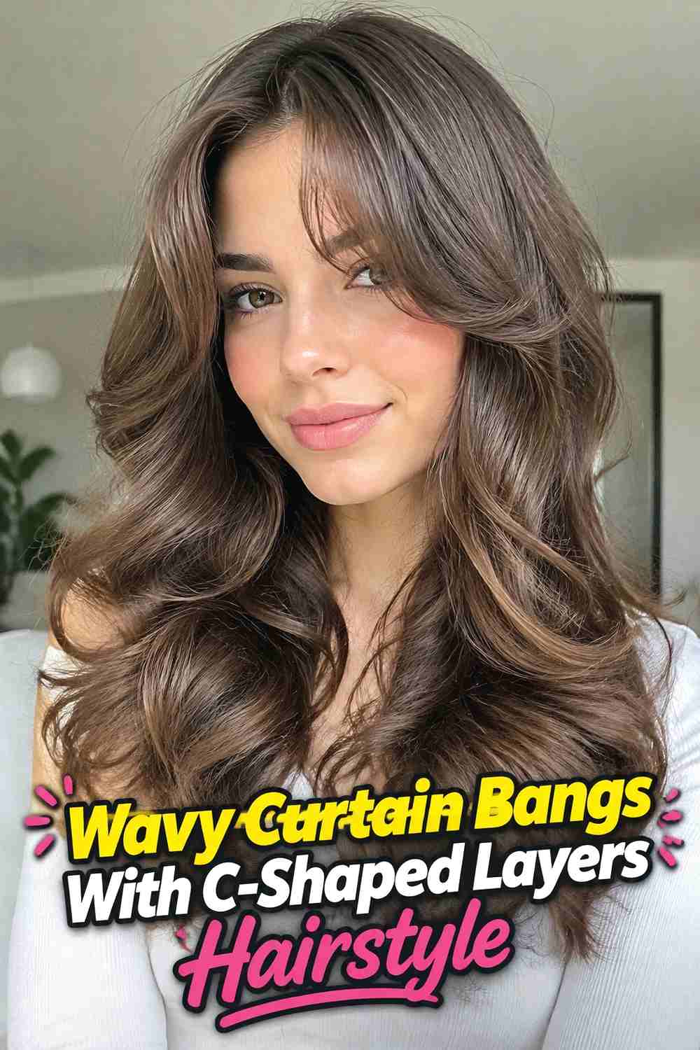 5. Wavy Curtain Bangs With C Shaped Layers Hairstyle