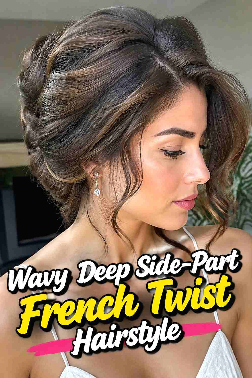 7. Wavy Deep Side Part French Twist Hairstyle