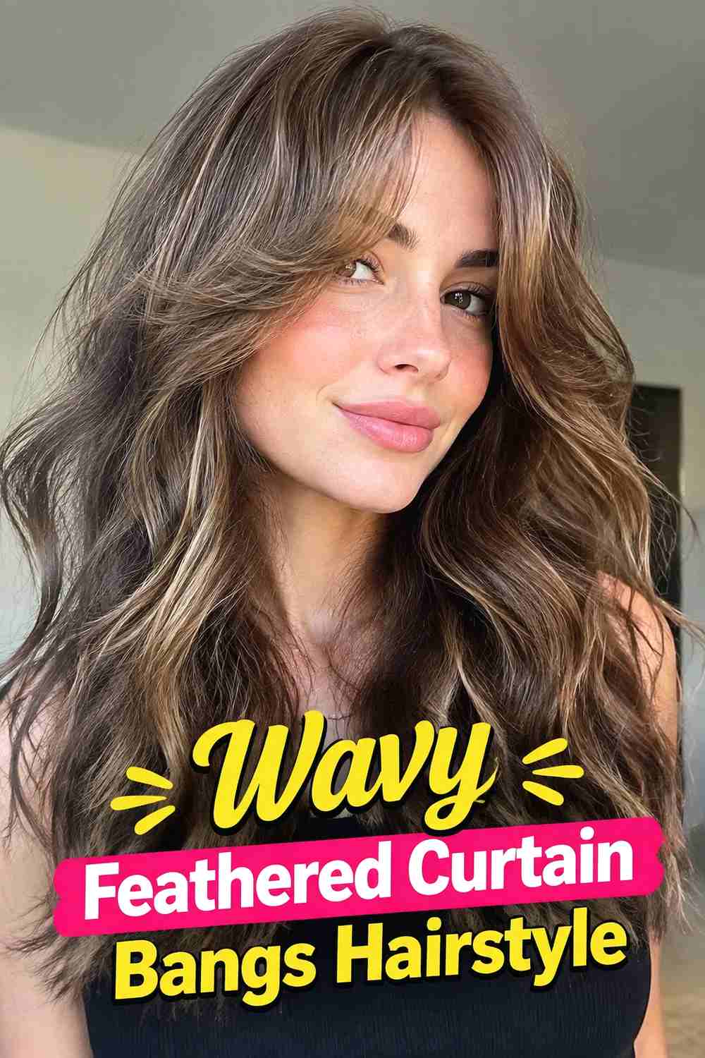 5. Wavy Feathered Curtain Bangs Hairstyle