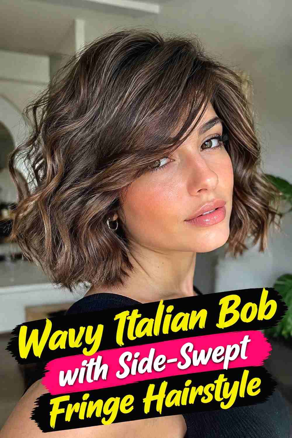 6. Wavy Italian Bob With Side Swept Fringe Hairstyle