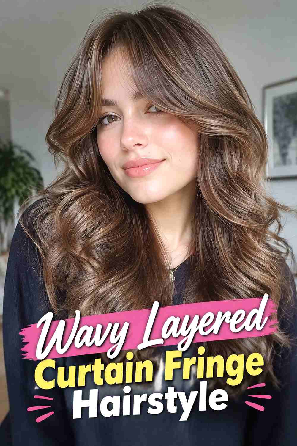 6. Wavy Layered Curtain Fringe Hairstyle