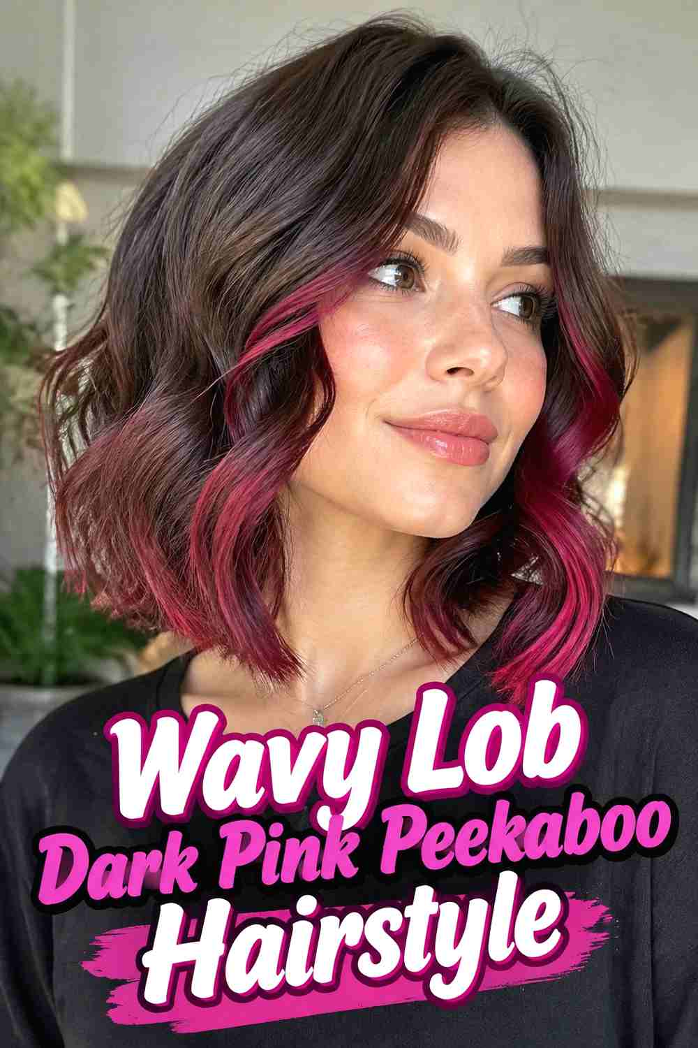 5. Wavy Lob Dark Pink Peekaboo Hairstyle