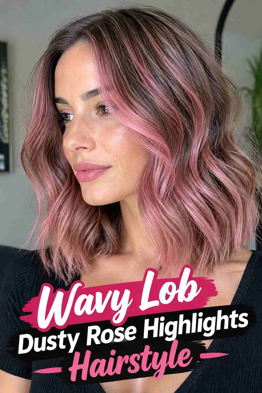 7. Wavy Lob Dusty Rose Highlights Hairstyle