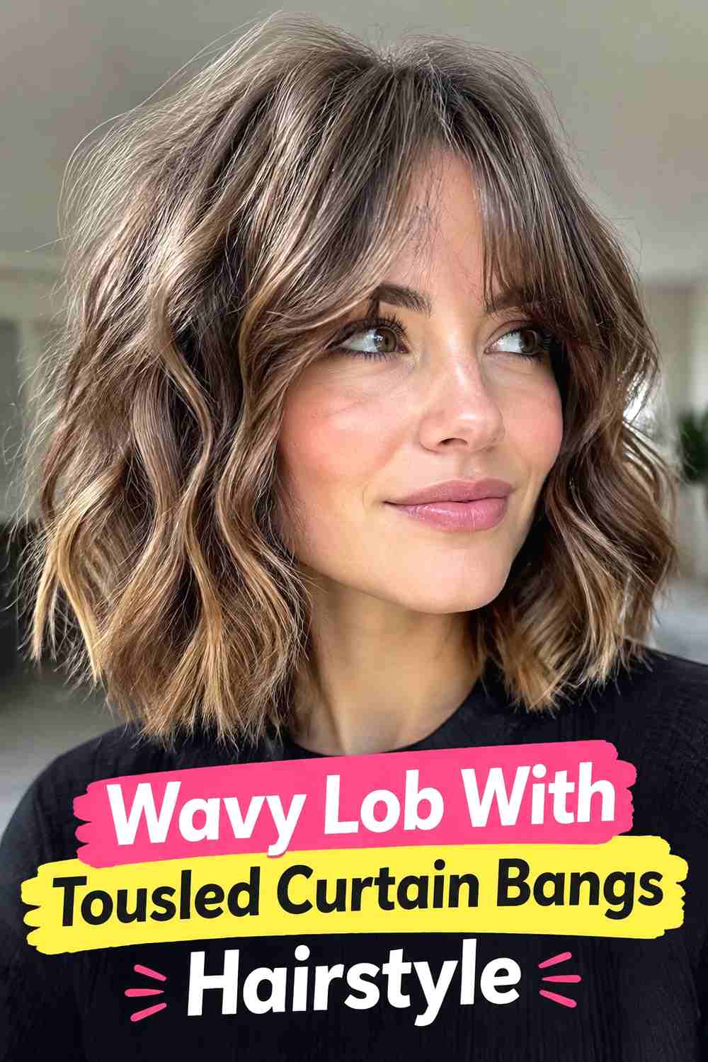 2. Wavy Lob With Tousled Curtain Bangs Hairstyle