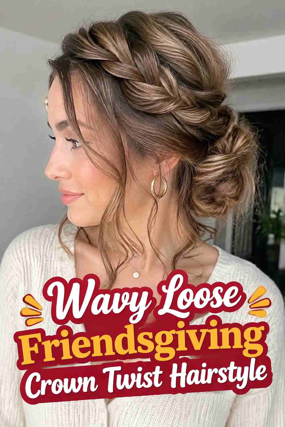 5. Wavy Loose Friendsgiving Crown Twist Hairstyle