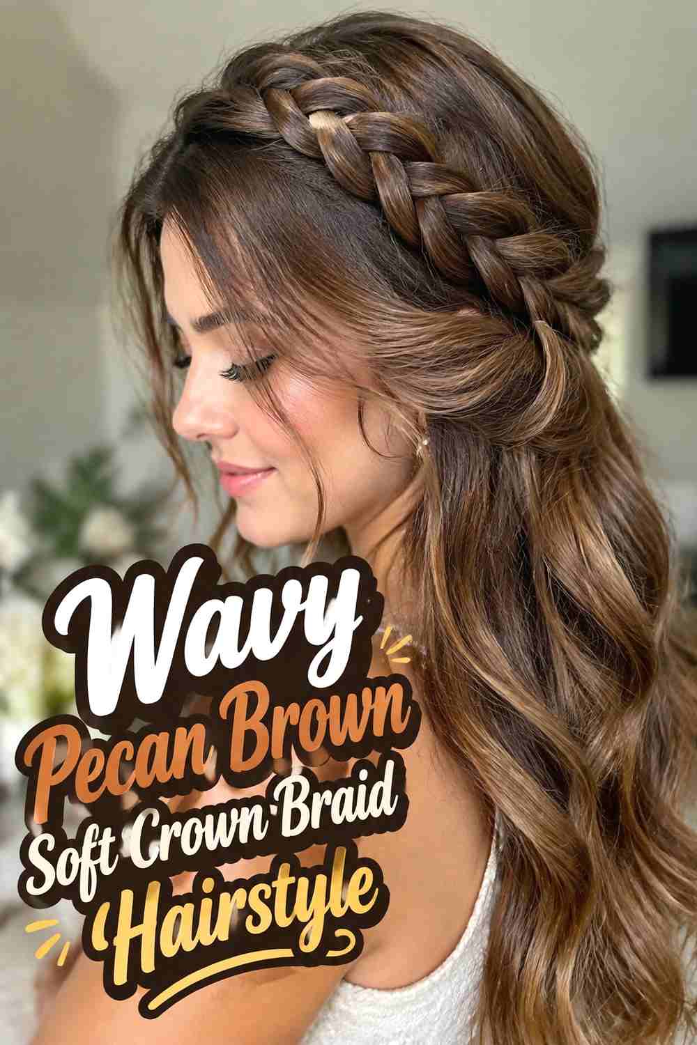 4. Wavy Pecan Brown Soft Crown Braid Hairstyle