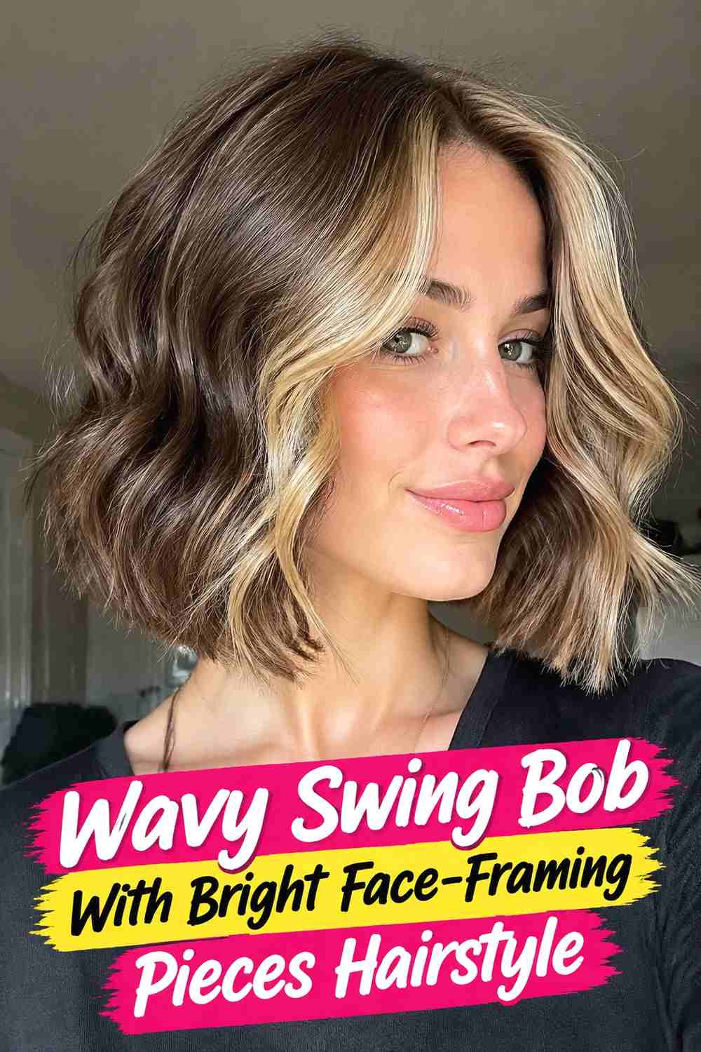 12. Wavy Swing Bob With Bright Face Framing Pieces Hairstyle