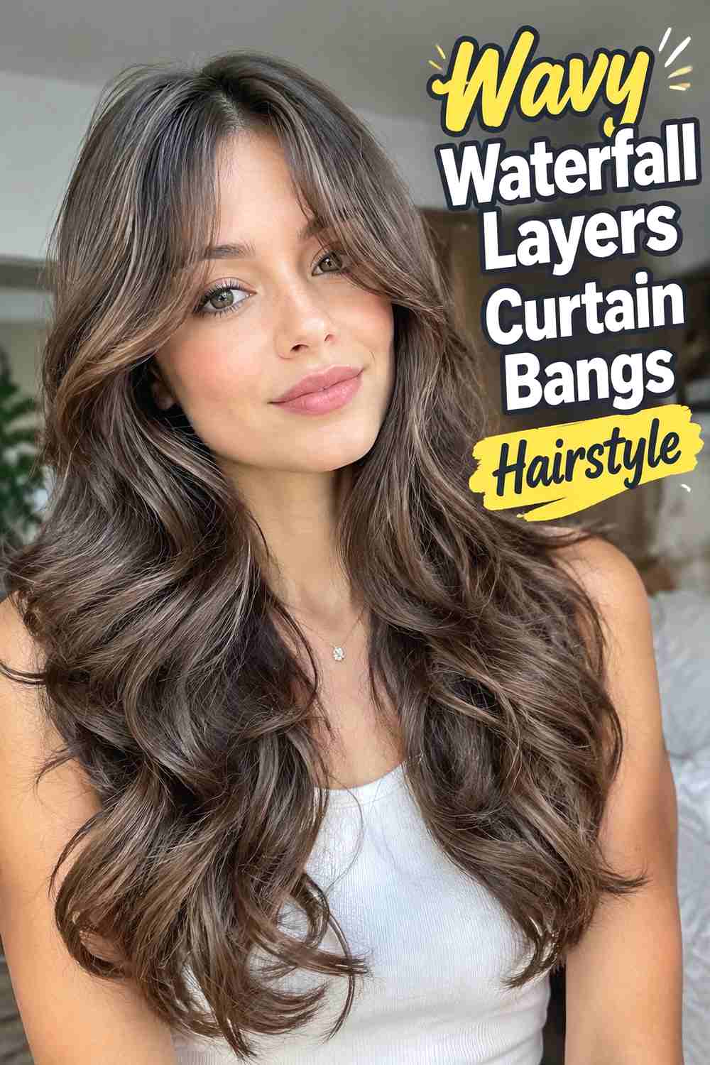 4. Wavy Waterfall Layers Curtain Bangs Hairstyle