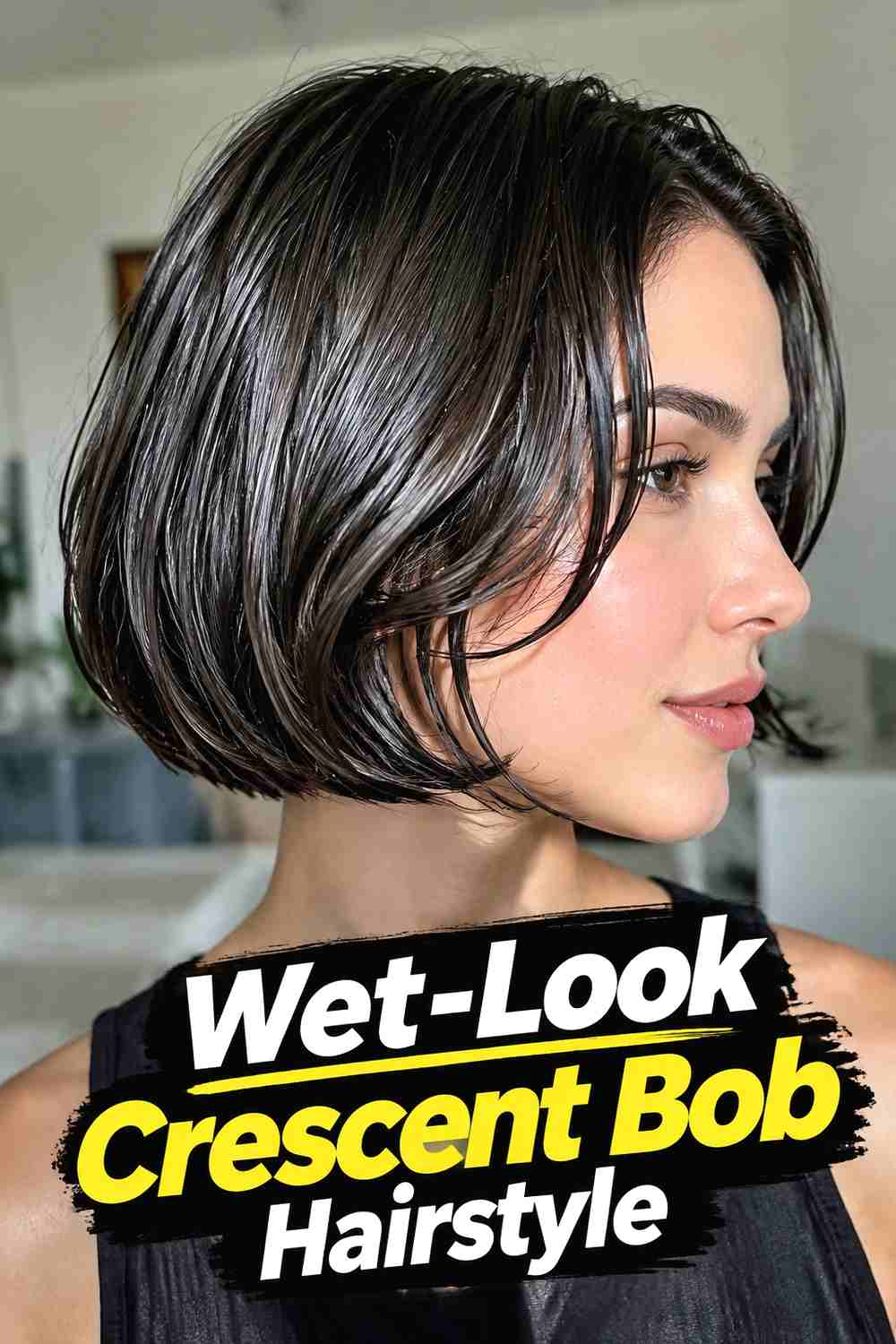 13. Wet Look Crescent Bob Hairstyle