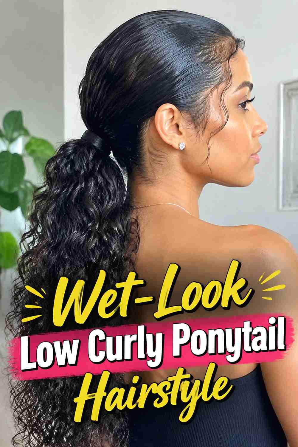6. Wet Look Low Curly Ponytail Hairstyle