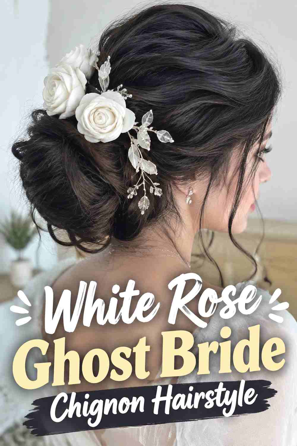 9. White Rose Ghost Bride Chignon Hairstyle