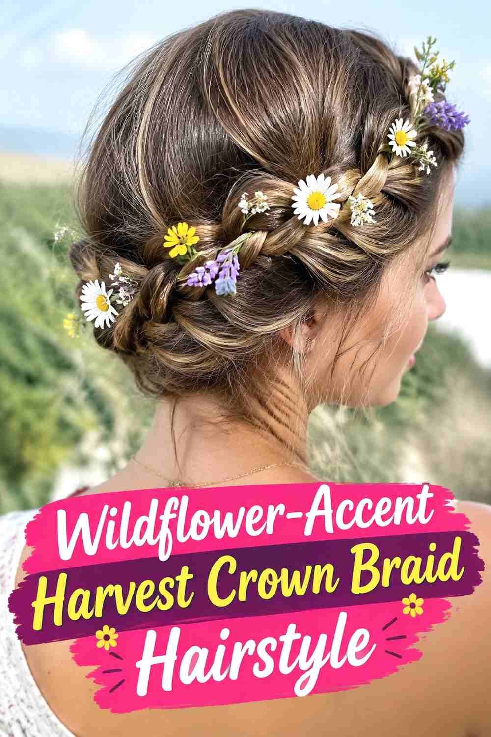 9. Wildflower Accent Harvest Crown Braid Hairstyle