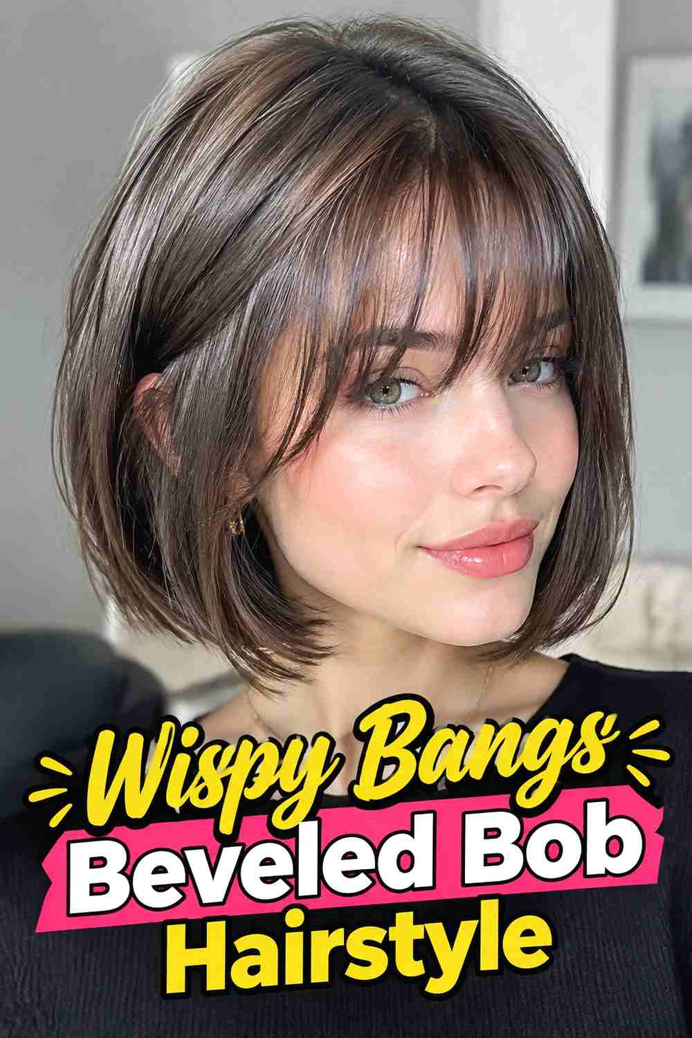 9. Wispy Bangs Beveled Bob Hairstyle