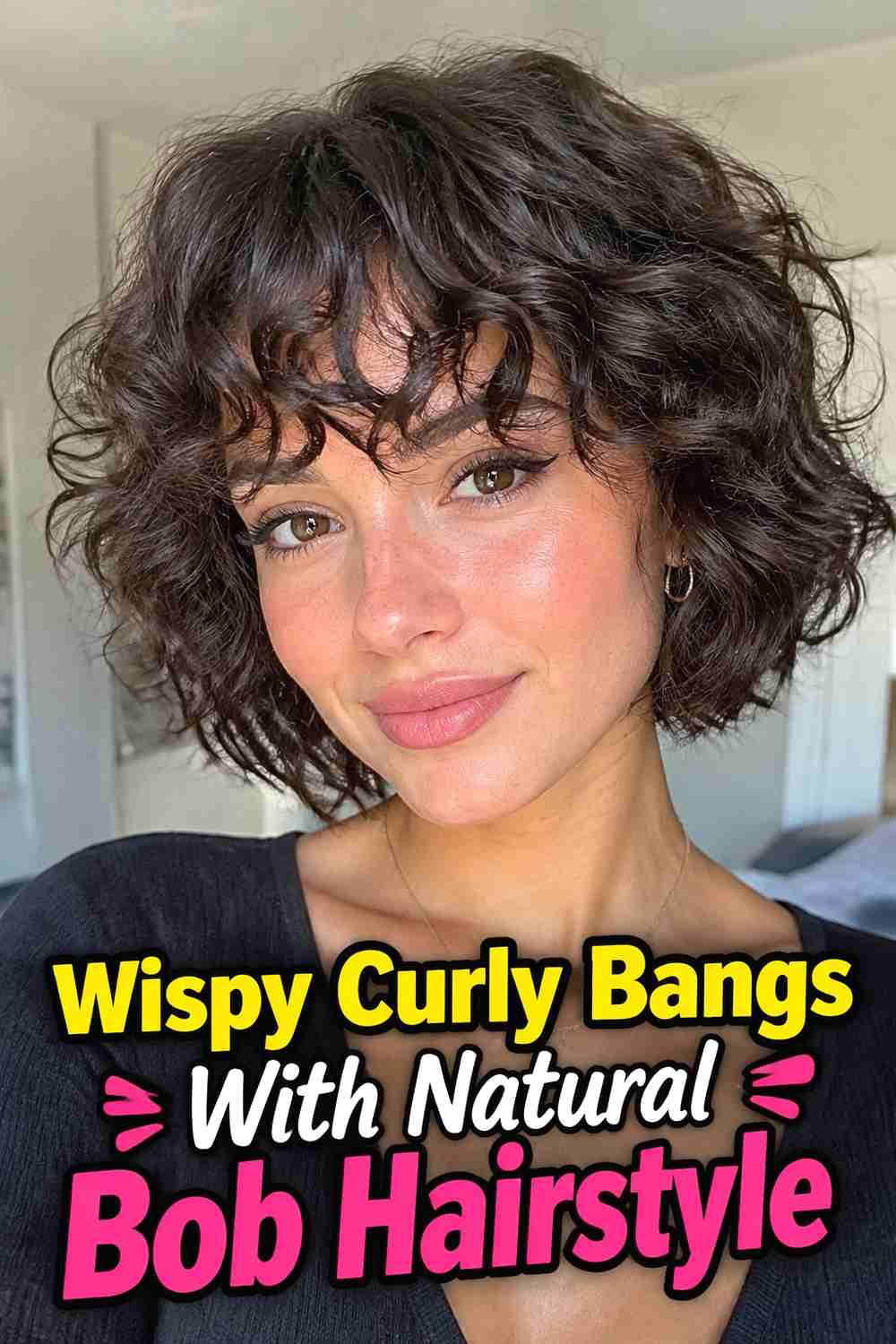 4. Wispy Curly Bangs With Natural Bob Hairstyle