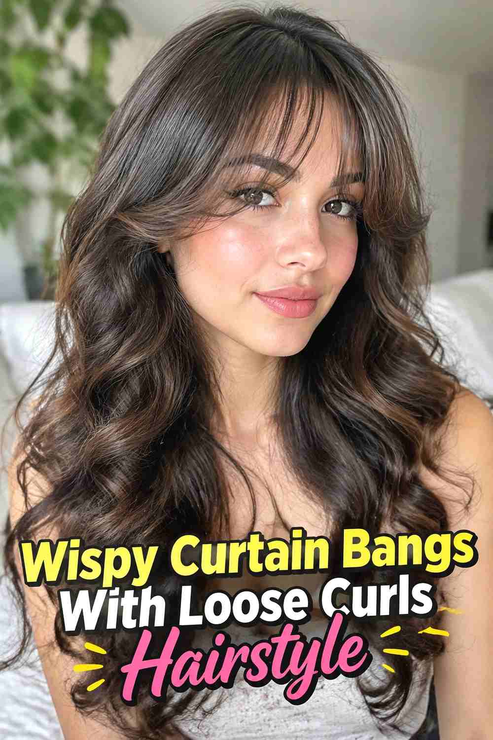 3. Wispy Curtain Bangs With Loose Curls Hairstyle