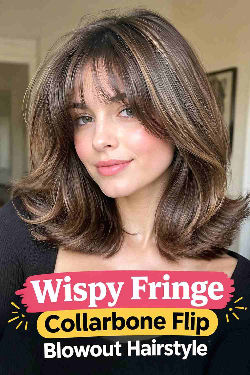 5. Wispy Fringe Collarbone Flip Blowout Hairstyle