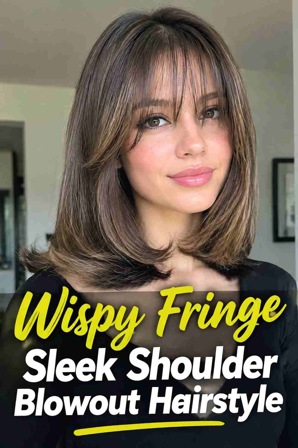 5. Wispy Fringe Sleek Shoulder Blowout Hairstyle
