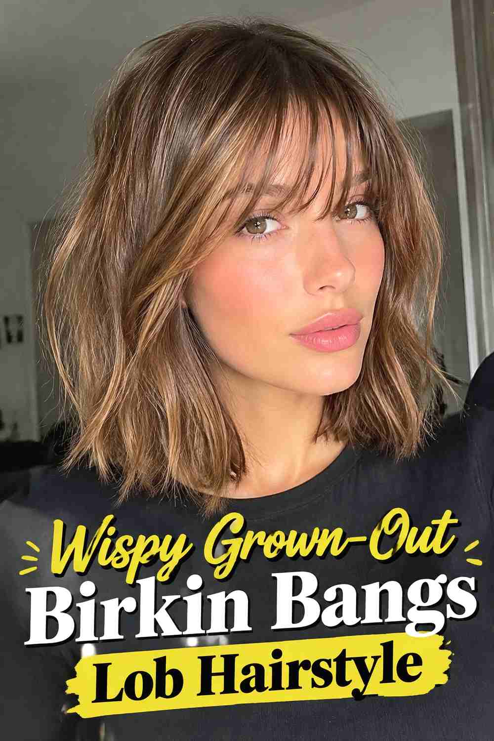 2. Wispy Grown Out Birkin Bangs Lob Hairstyle