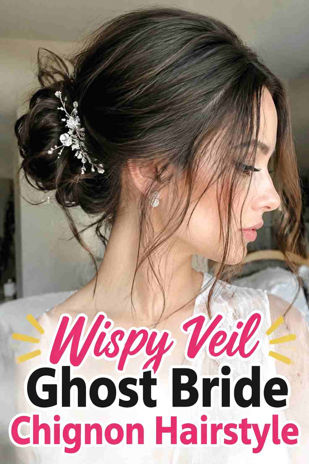 8. Wispy Veil Ghost Bride Chignon Hairstyle
